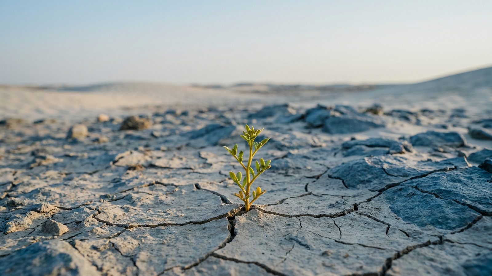 A small, vibrant green plant sprouts from dry, cracked desert soil under a clear sky.