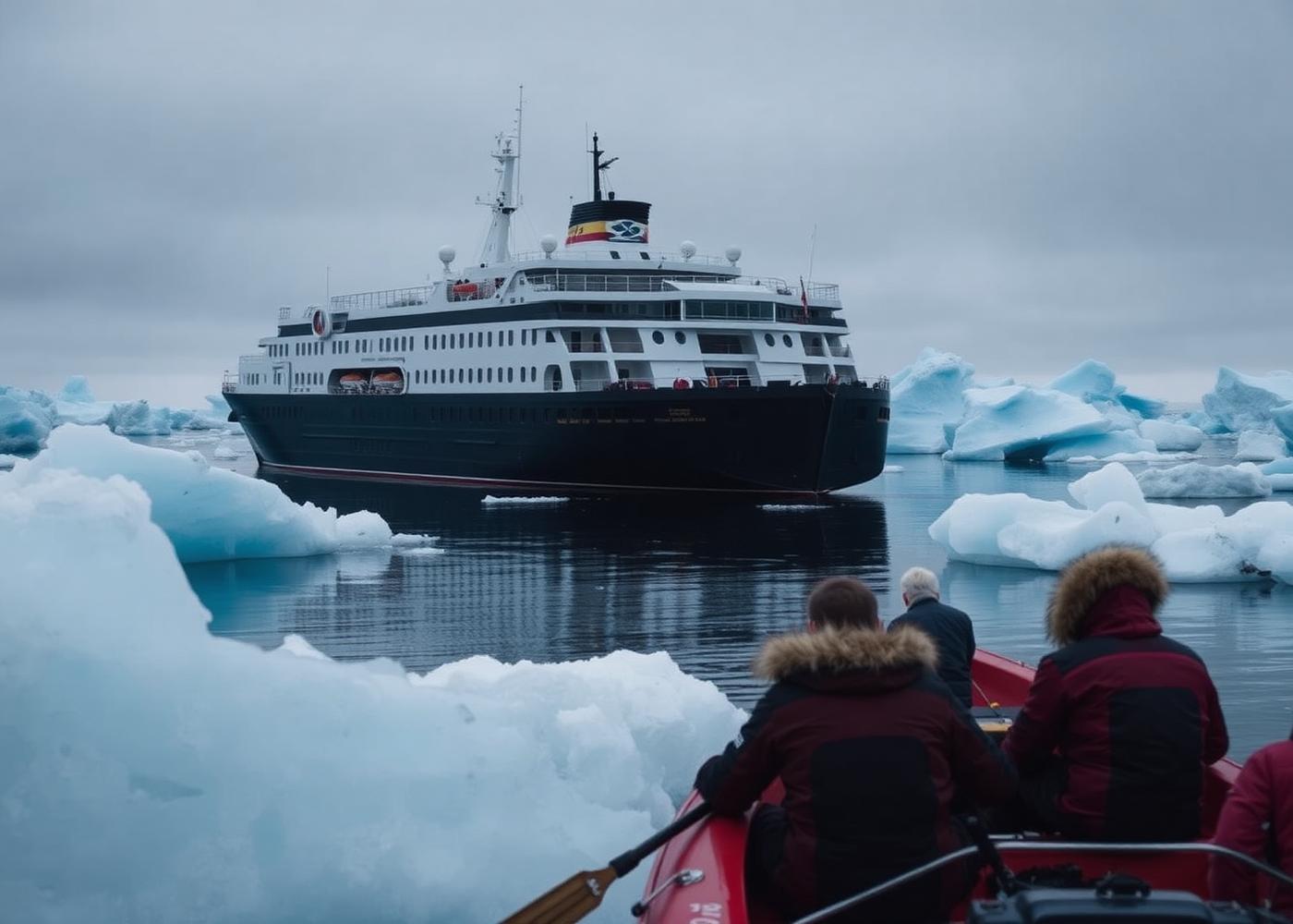 An expedition ship at anchor among icebergs, with explorers watching from a zodiac