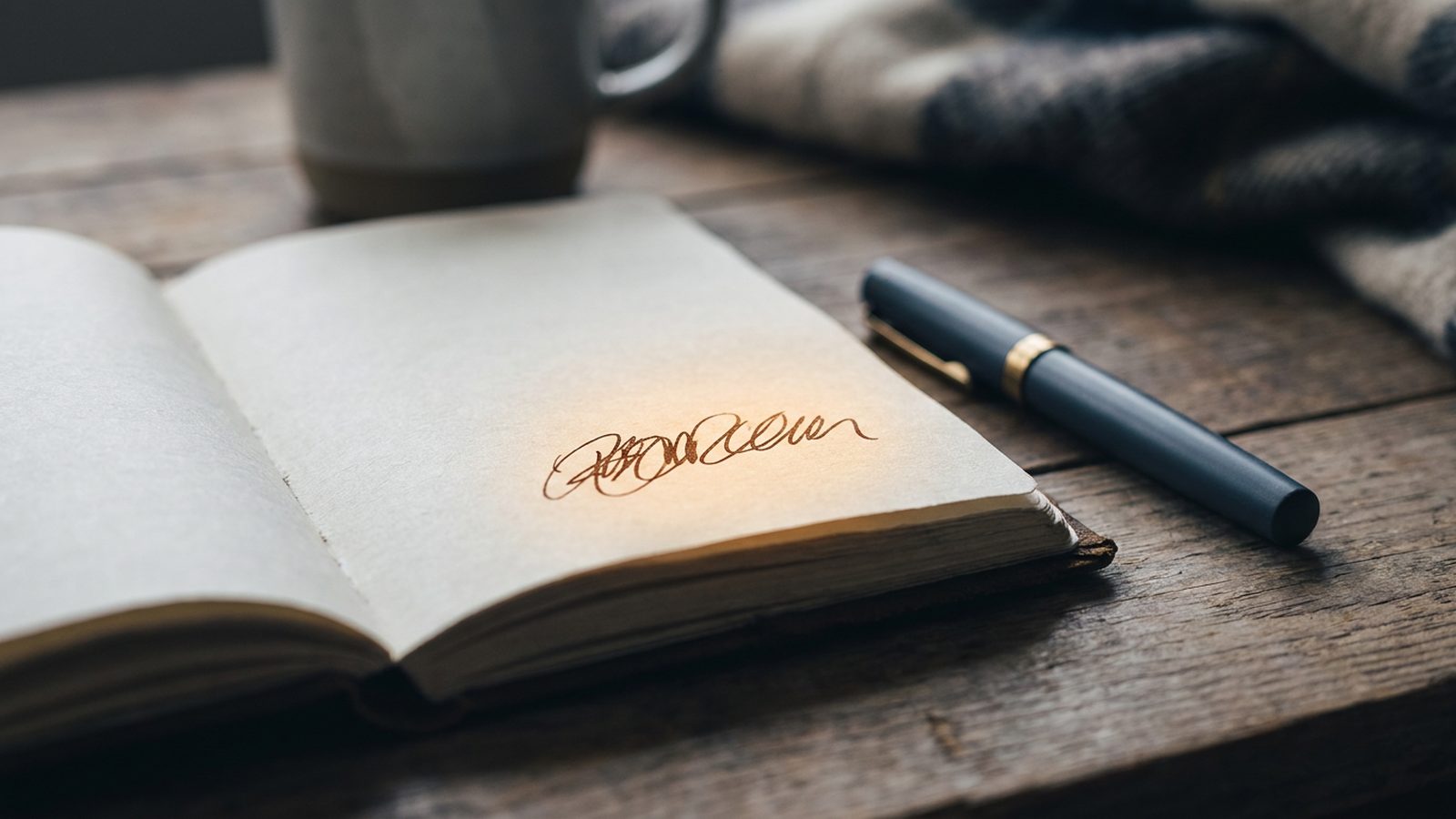 Open notebook on a wooden desk, with a pen resting beside highlighted handwritten text.