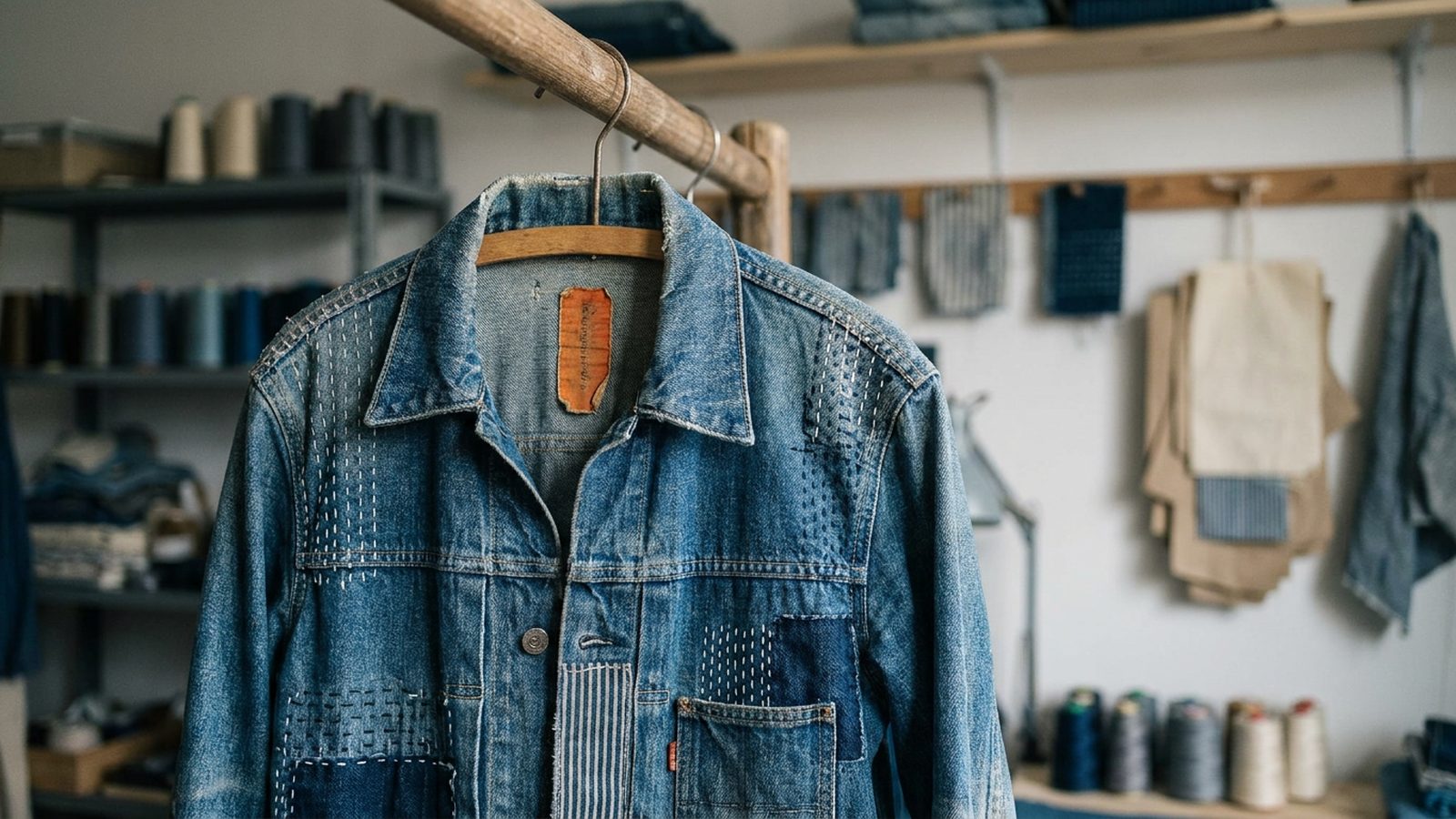 A denim jacket with visible repair stitching hangs, showing progress over perfection.