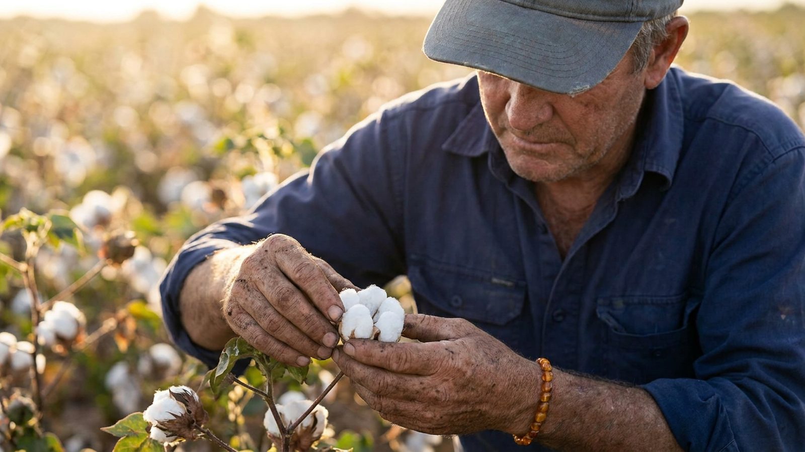A cotton farmer's hands touching a raw cotton boll in a sunny field.