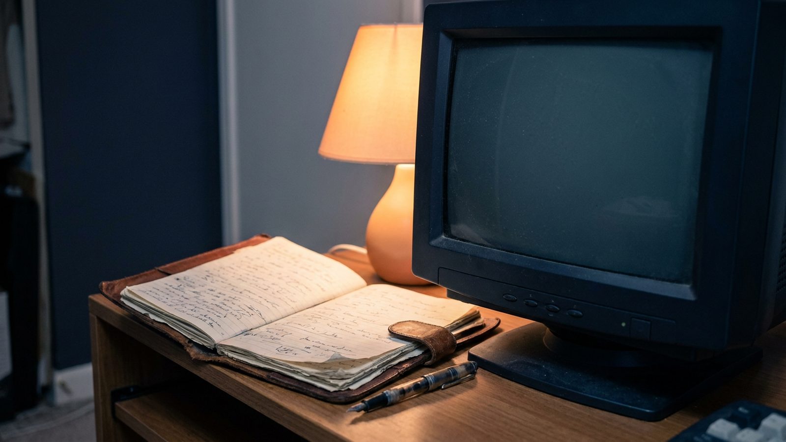 A well-used journalist's notebook and pen lie open beside an old, dark monitor.