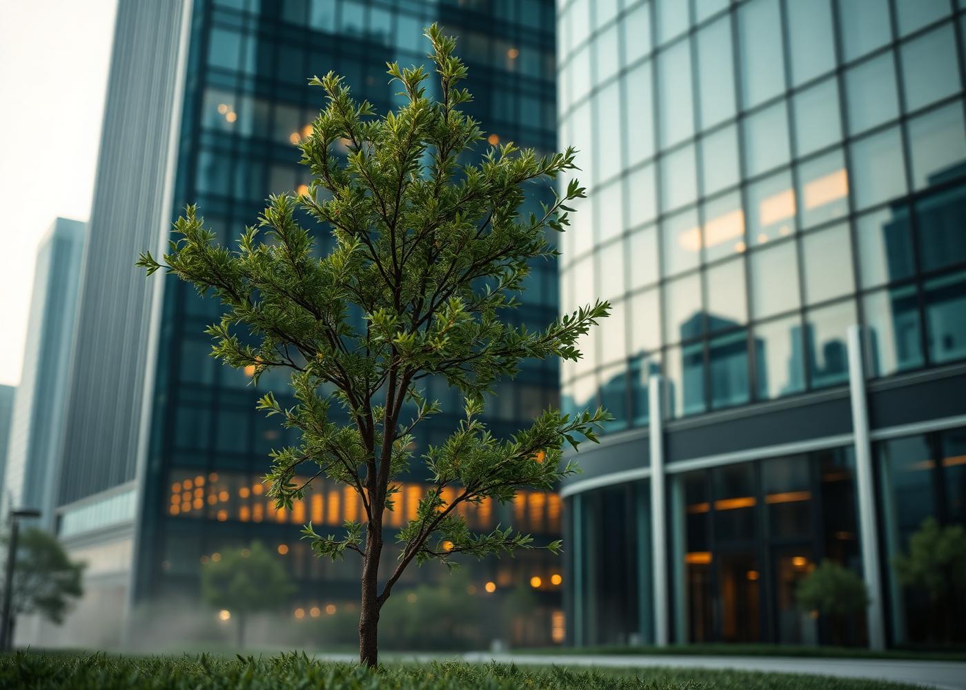 A young tree growing in front of a glass finance district at dawn