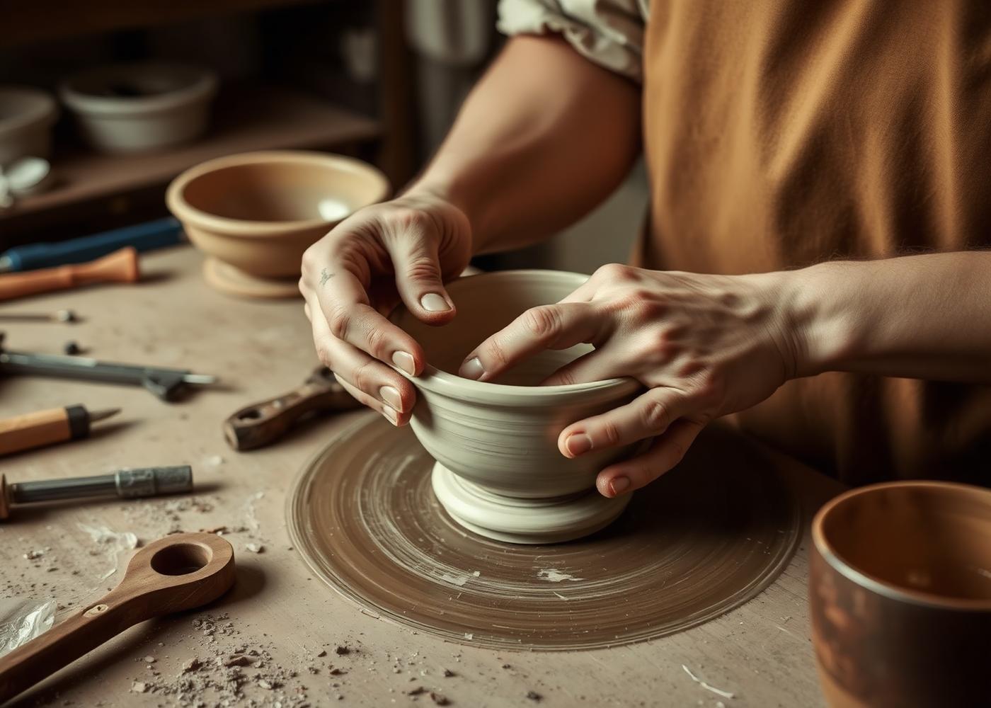 An artisan's hands finishing a hand-thrown ceramic bowl at a workbench