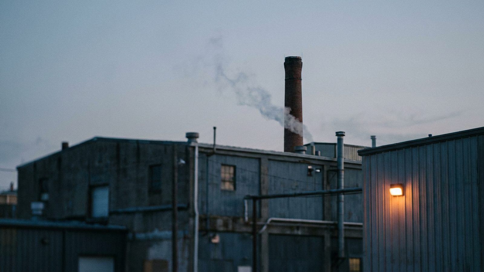 A factory smokestack emits a faint plume against an industrial backdrop at dusk.