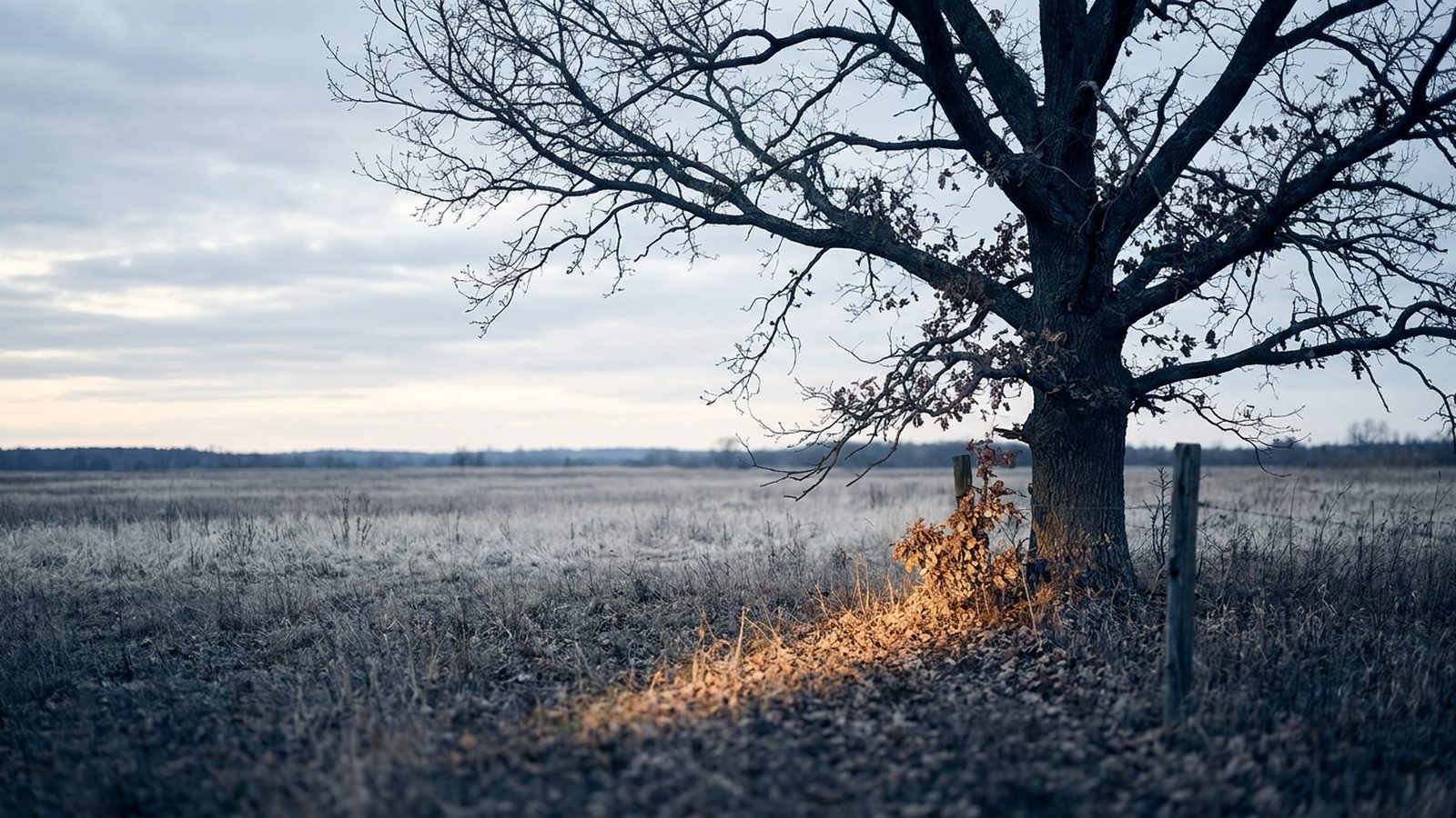 A single, strong oak tree stands alone in a large, empty field, its branches spread.