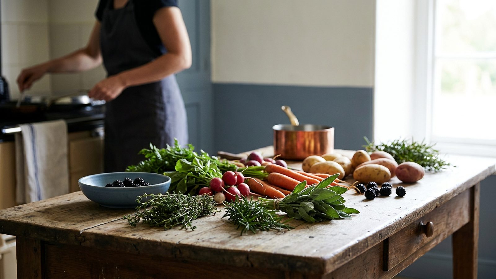 A rustic kitchen table is covered with colourful, fresh seasonal vegetables and berries.