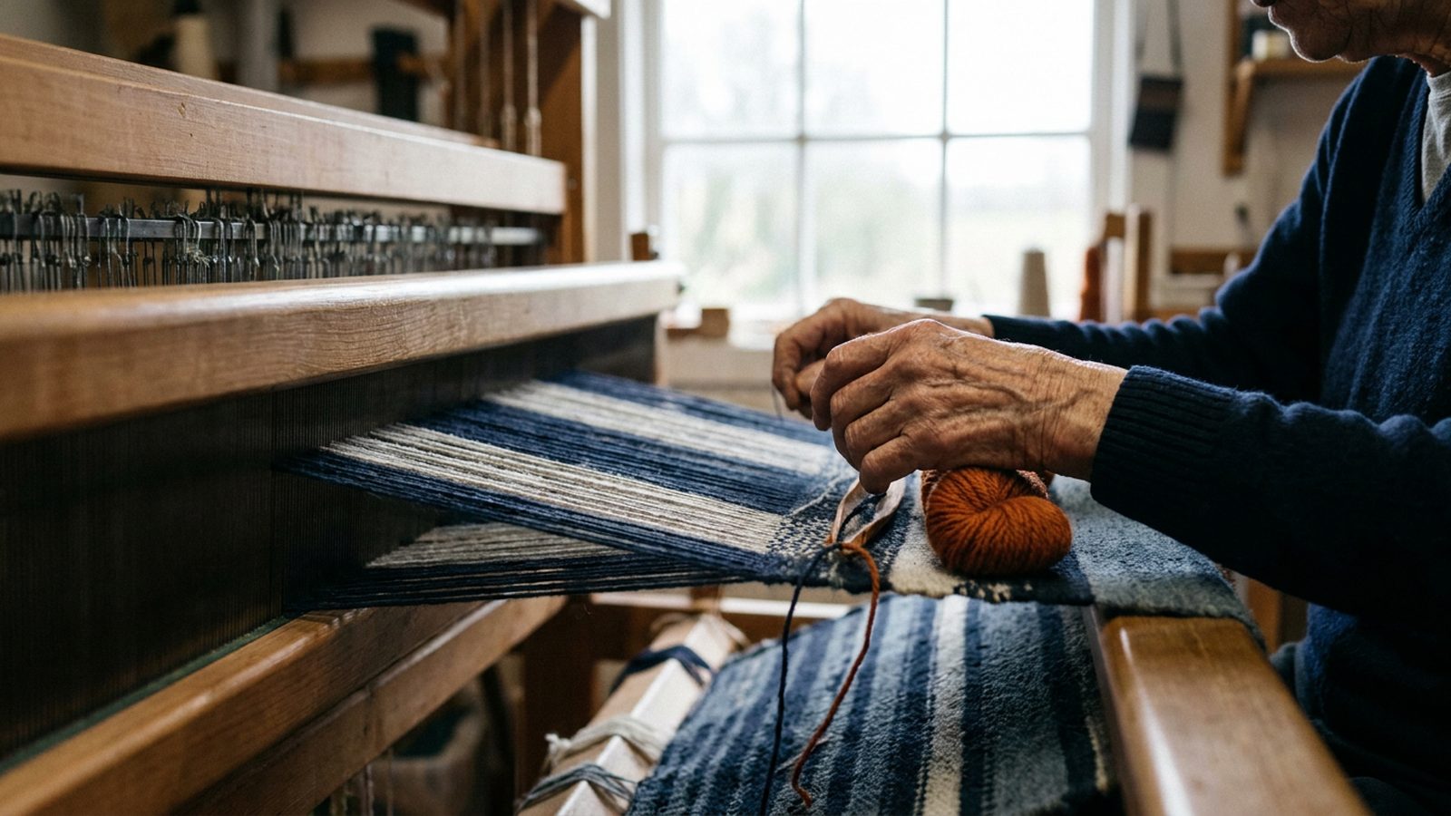 An elderly craftsperson meticulously weaving a traditional textile on a loom in a sunlit workshop.