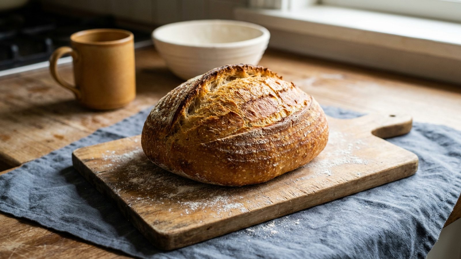 A single, artisan sourdough loaf sits on a wooden board dusted with flour.