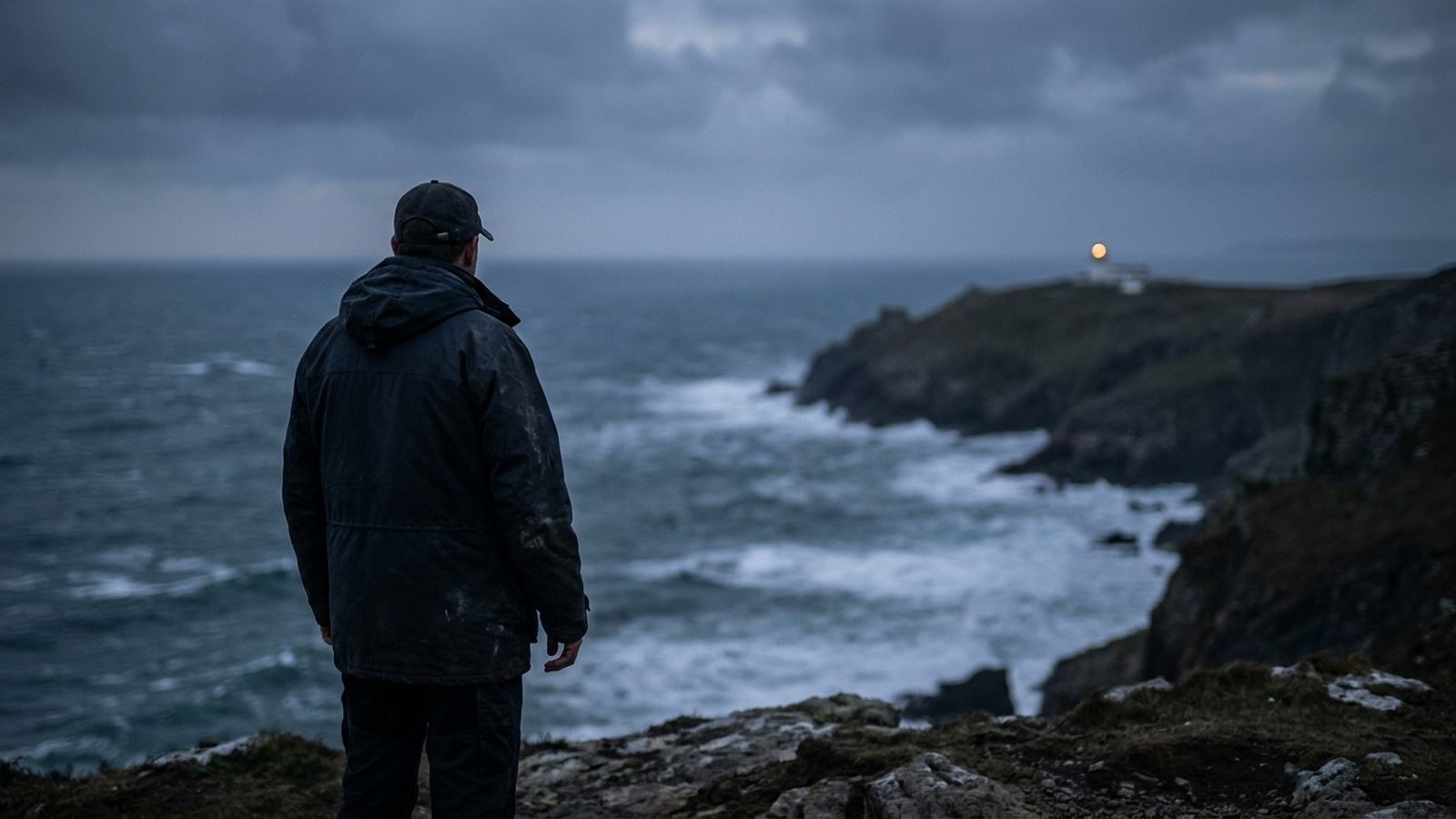 A lone person stands on a cliff overlooking a stormy sea at dusk, conveying resolve.