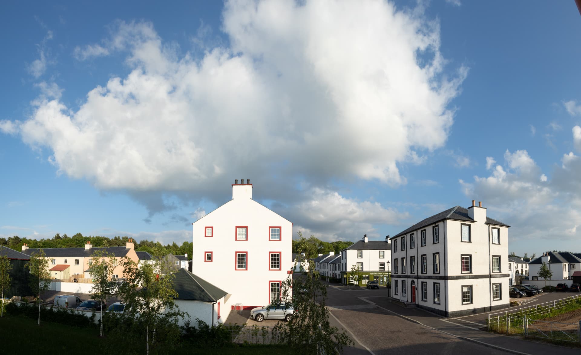 Shops and homes in the centre of the village of Tornagrain, near Inverness