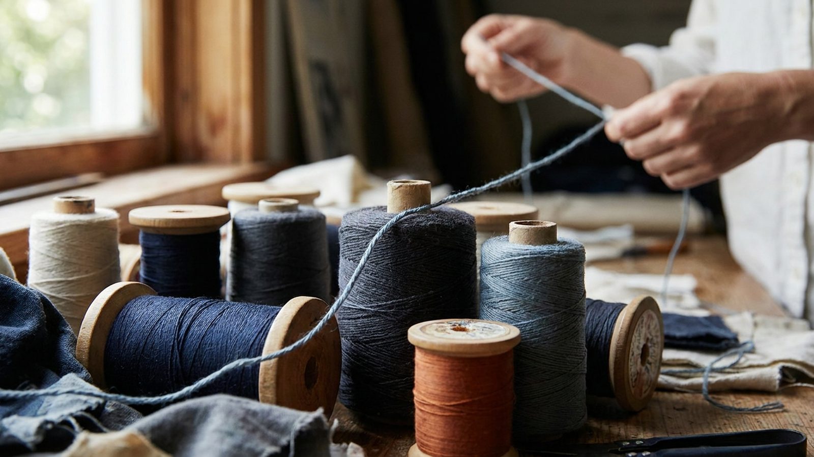 A single winding thread runs through various spools of different colours, illustrating a complex journey.