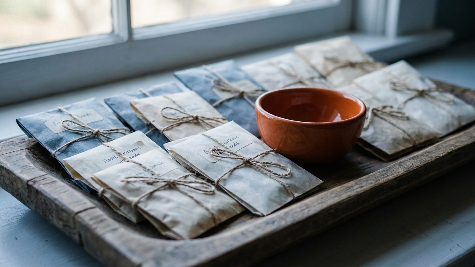 Dried heirloom seeds are neatly placed in small, labelled paper packets on a rustic wooden tray.