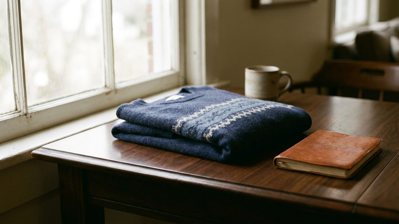 A luxurious cashmere jumper lies folded on a wooden table, suggesting quality and longevity in fashion.