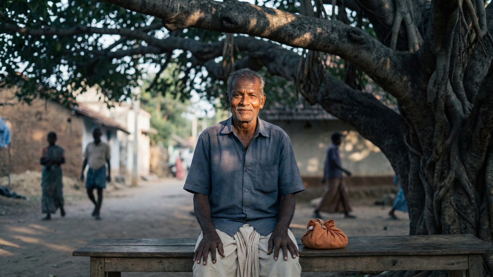 An elderly man with a thoughtful expression sits on a wooden bench under a banyan tree in a rural Tamil Nadu village.