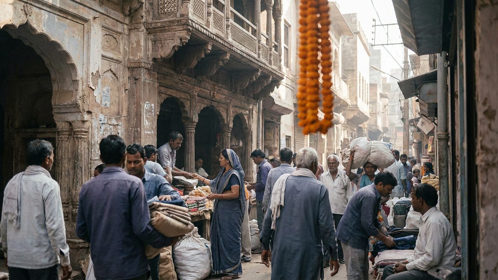 A bustling street scene in a historic Indian city, featuring people, colourful textiles, and traditional architecture.