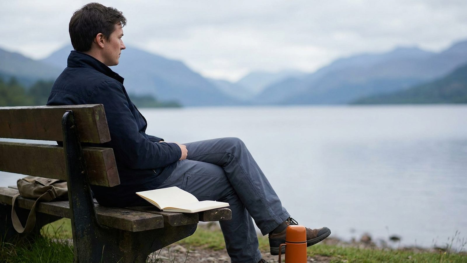 Person sitting on a park bench, gazing across a still loch towards distant mountains.