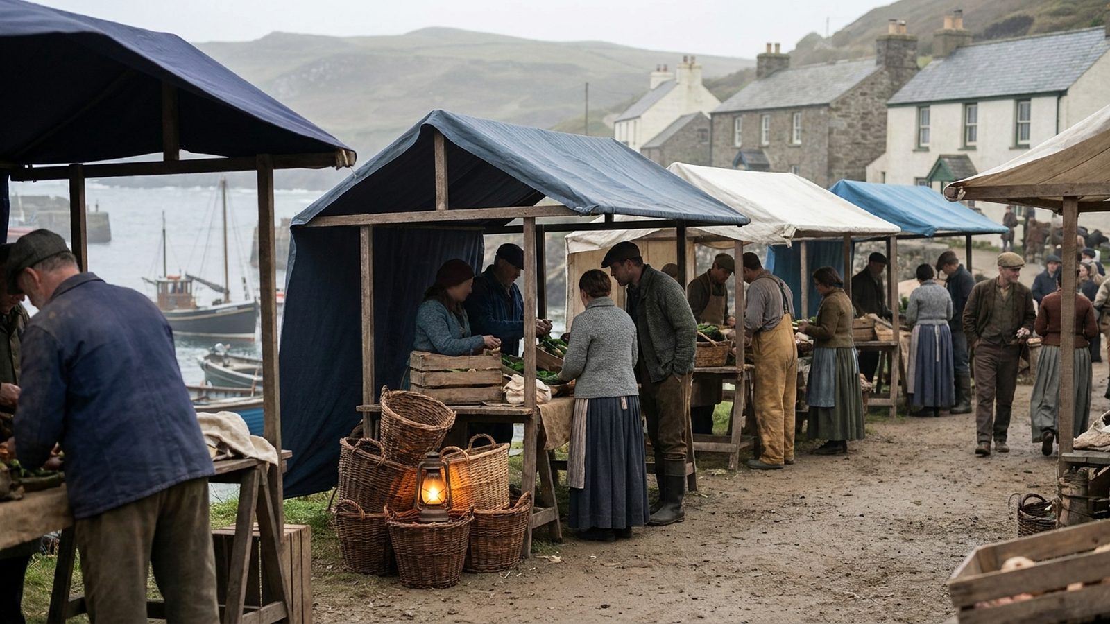 Small, colourful village market scene in a remote coastal area with locals interacting.
