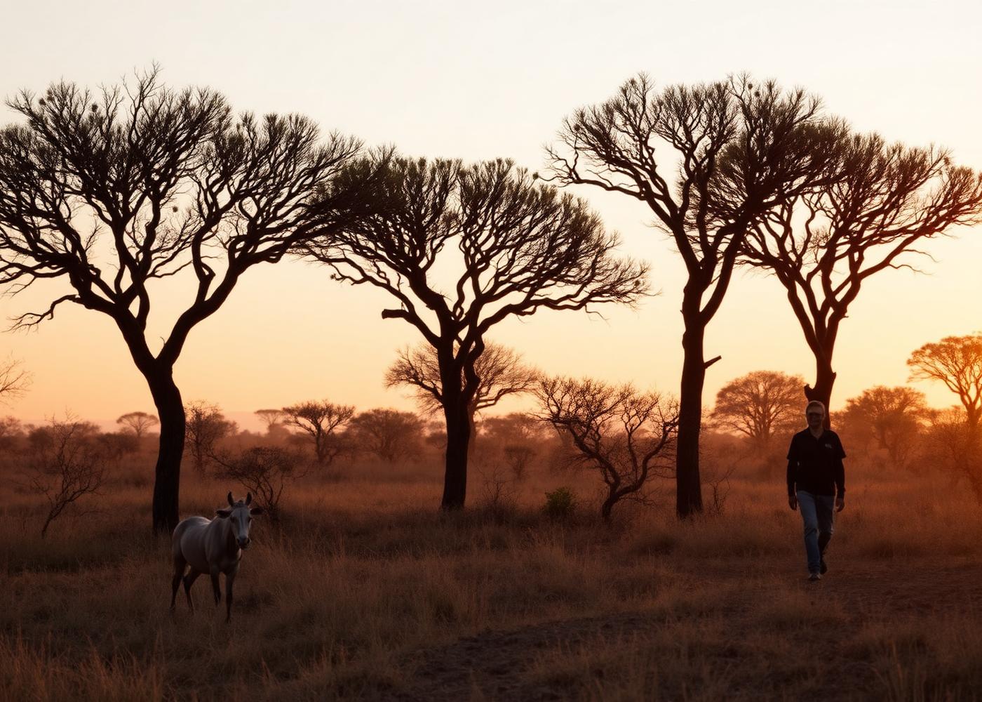 A guide walking through acacia grassland at dawn on an East African safari