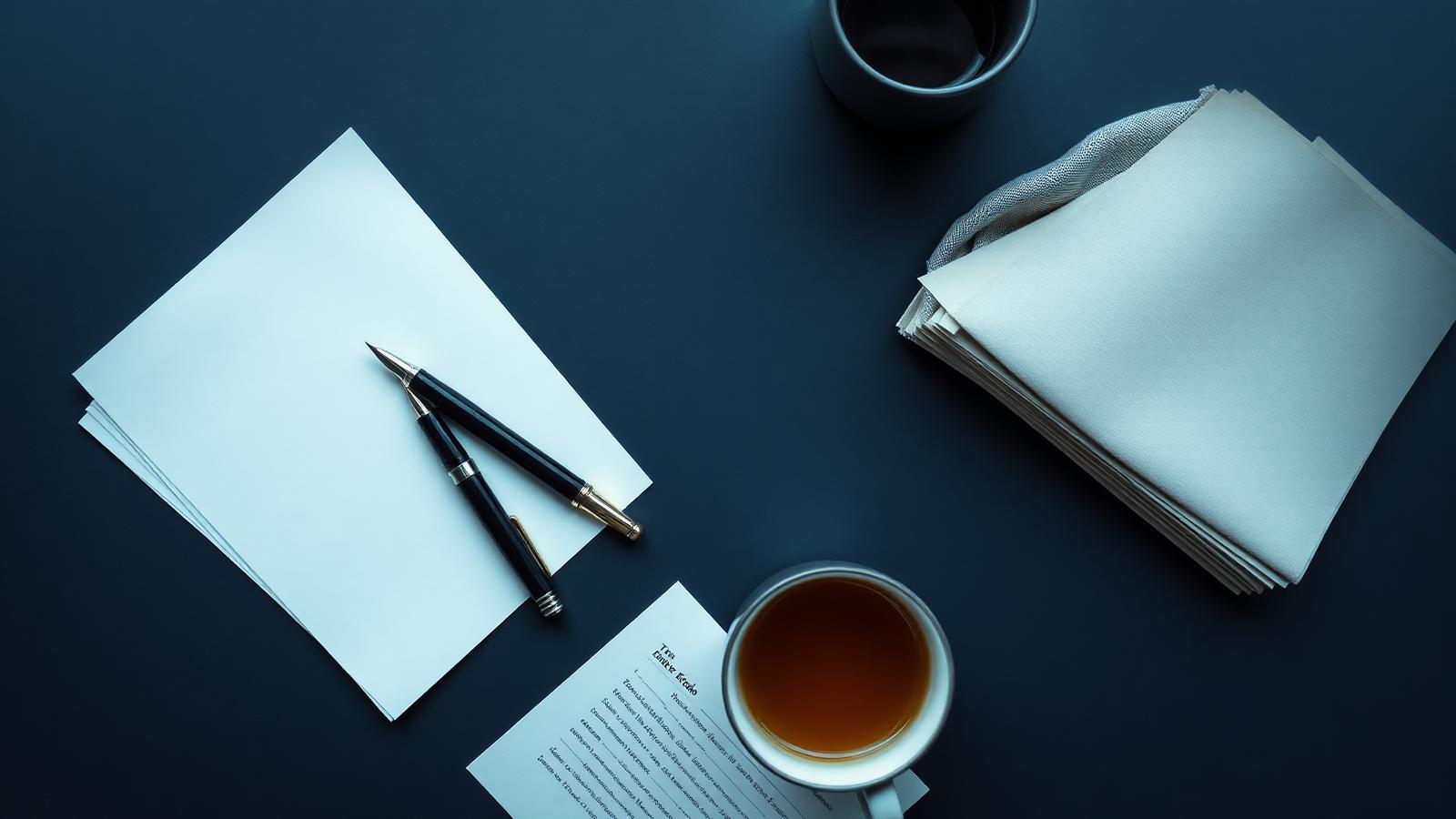A fountain pen resting on a slate beside written notes