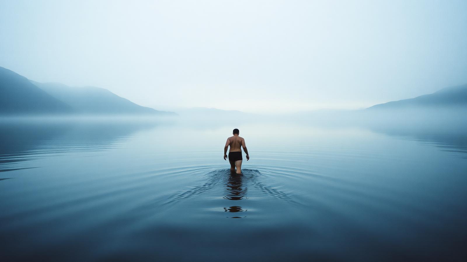 A swimmer wading into a cold Highland loch at first light