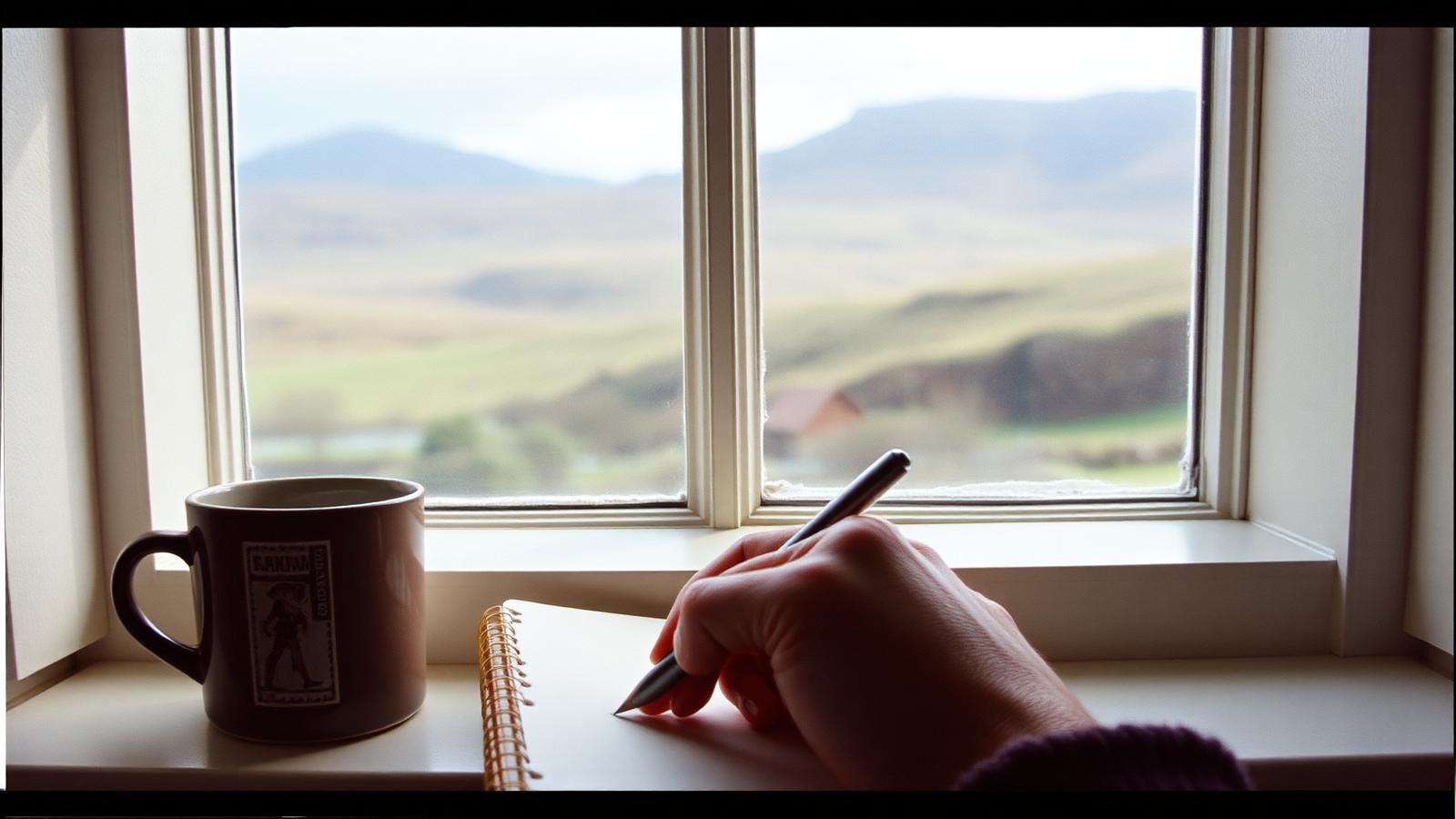 A hand writing in a notebook at a window looking over the hills